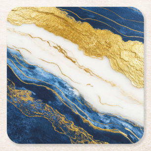 Luxueus marineblauw & bladgoud marmer vierkante kartonnen onderzetter