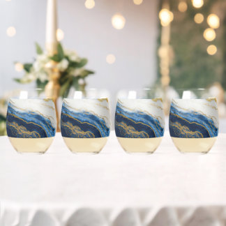 Luxueus marineblauw & bladgoud marmer wijnglas zonder voet