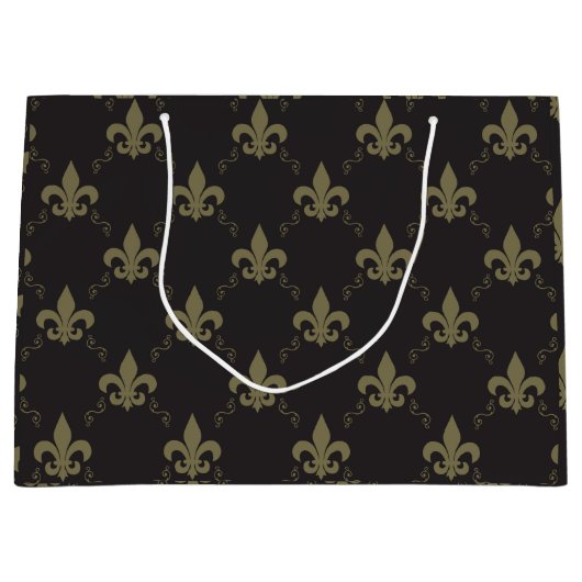 Luxueus zwart goudvleur De Lis Pattern Groot Cadeauzakje (Voorkant)