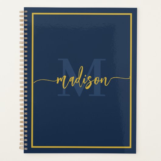 Luxueux Bleu Nuit Or Monogramme Nom Script (Devant)