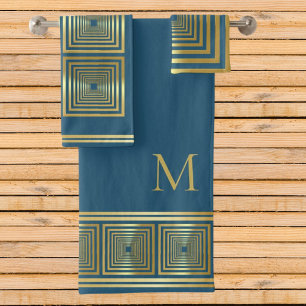 Luxueux bleu or nom initial Serviette set