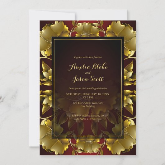 Luxueux Faire-part de mariage Floral Gravé Or (Devant)