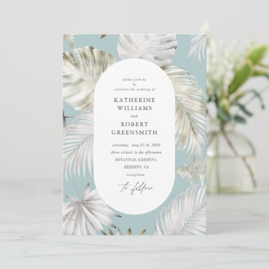 Luxueux Faire-part de mariage Tropical Foliage ble (Debout devant)