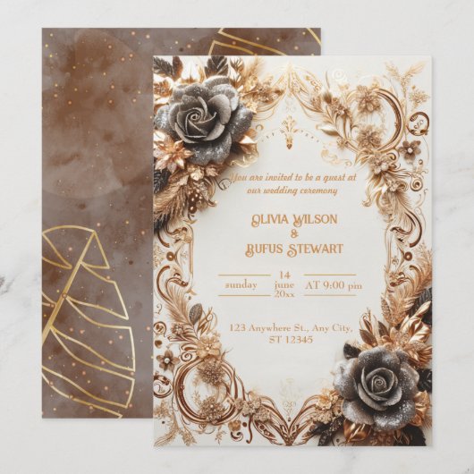 Luxueux Gold et Black Rose Faire-part de mariage (Devant / Derrière)