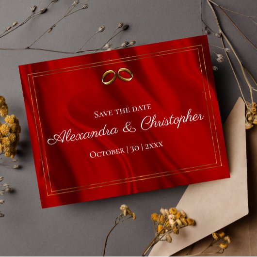 Luxueux mariage en soie rouge et or, carte "Save t