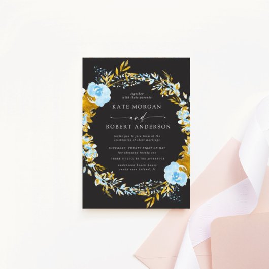 luxueux or turquoise faire-part de mariage florale