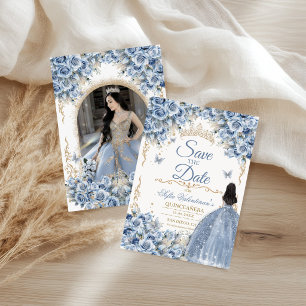 Luxueuze jurk babyblauw goud prinses foto save the date