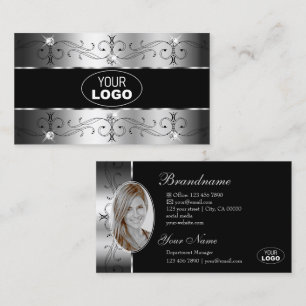 Luxueuze Silver Black Borders Logo en foto's Visitekaartje