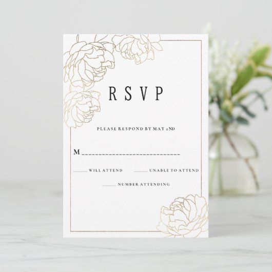 Luxueuze witte gouden typografie pioen bloemstuk R Kaart (Staand voorkant)