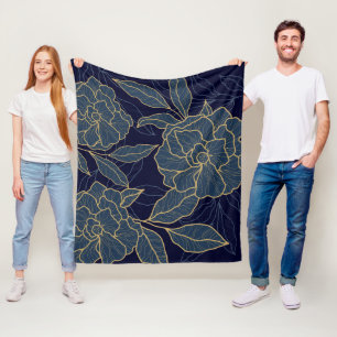 Luxurie Blue Navy Gold Flower Fleece Deken