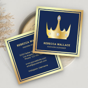 Luxurieblauw Faux Gold Foil Crown Vierkante Visitekaartje