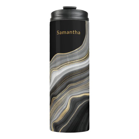 Luxurieuze monogrammen, zwart goud en grijs thermosbeker (Voorkant)