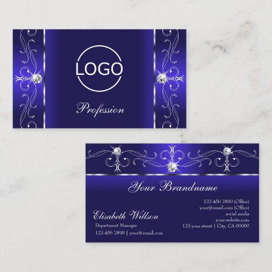Luxurieuze Royal Blue Squiggings-juwelen met Logo Visitekaartje (Voorkant / Achterkant)