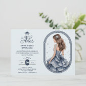Luxurious Blue Oval Frame Charming Quinceañera Kaart (Staand voorkant)