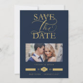Luxurious Fancy Blue Marine  Photo Gold Script Save The Date (Voorkant)