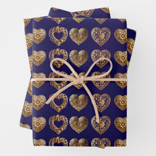 Luxurious Golden Baroque Hearts Pattern on Navy Bl Inpakpapier Vel