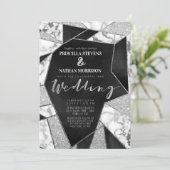 Luxurous Silver Black Glitter Geo Marble Wedding Kaart (Staand voorkant)