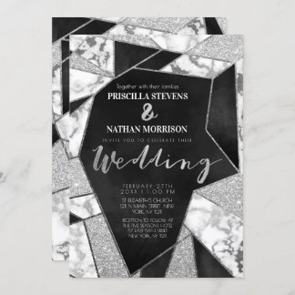 Luxurous Silver Black Glitter Geo Marble Wedding Kaart