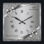 Luxury 25th Anniversary Metallic Silver & Diamond<br><div class="desc">Luxury 25th Anniversary Metallic Silver & Diamond Square Wall Clock.</div>