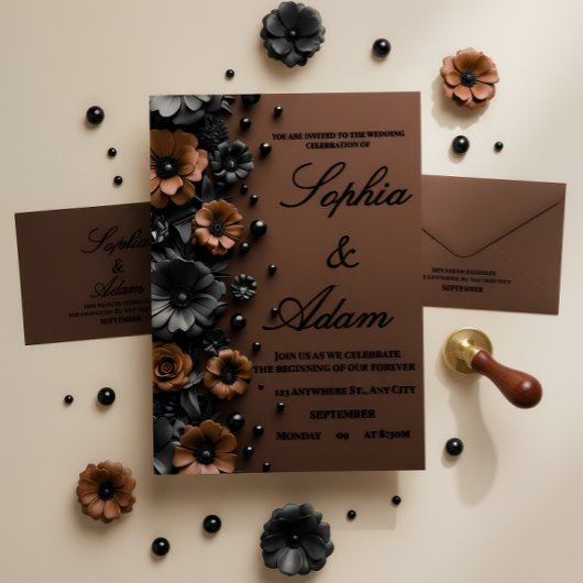 Luxury 3D Floral Bronze & Black Wedding Invitation Bedankkaart