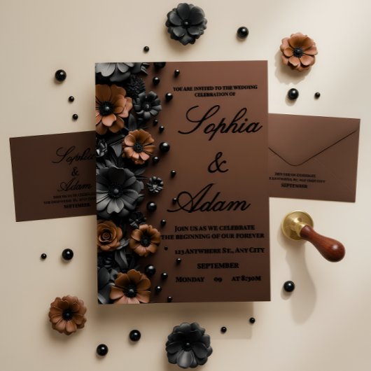 Luxury 3D Floral Bronze & Black Wedding Invitation Kaart