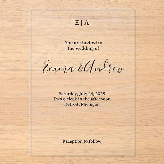 Luxury Acrylic Wedding Invitation | Clear, Custom (Recto)