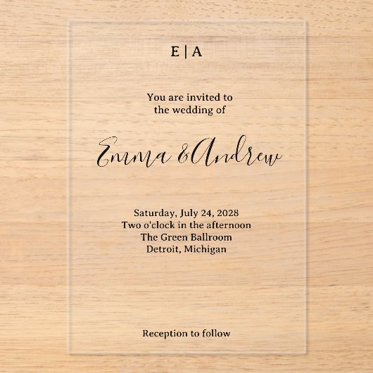 Luxury Acrylic Wedding Invitation | Clear, Custom (Recto)