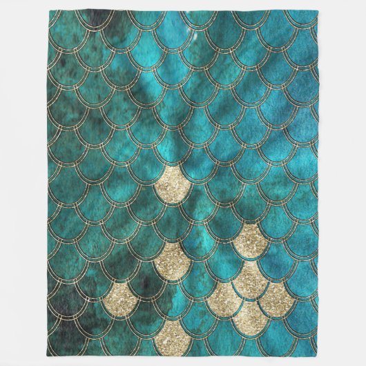 Luxury Aqua Green Mermaid Scales met Gold Glitter Fleece Deken (Voorkant)
