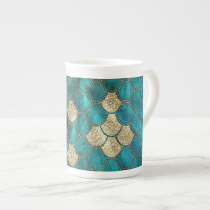 Luxury Aqua Green Mermaid Scales met Gold Glitter Porselein Kop