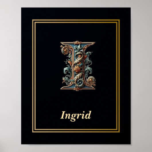 Luxury Baroque Letter I Monogram Poster  (Voorkant)