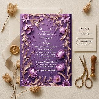 Luxury Baroque Opulent Purple Tulips Gold Wedding Kaart