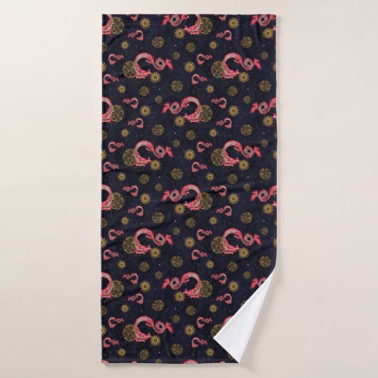 Luxury Bath Towel with Red Chinese Dragons & Gold (Serviette de bain)