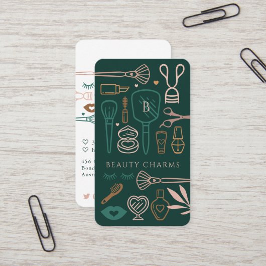 Luxury Beauty Charms Makeup Tools Emerald Green Visitekaartje (Voorkant / Achterkant in situ)