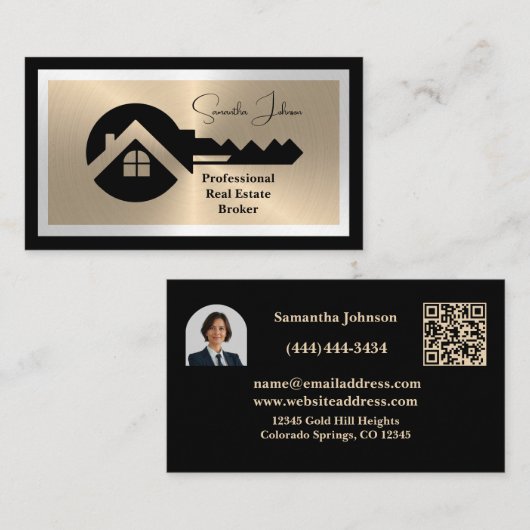 Luxury Black and Gold QR Code Photo Real Estate  Visitekaartje (Voorkant / Achterkant)