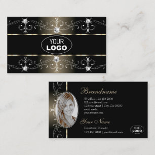 Luxury Black Beige  Borders Logo en foto Visitekaartje