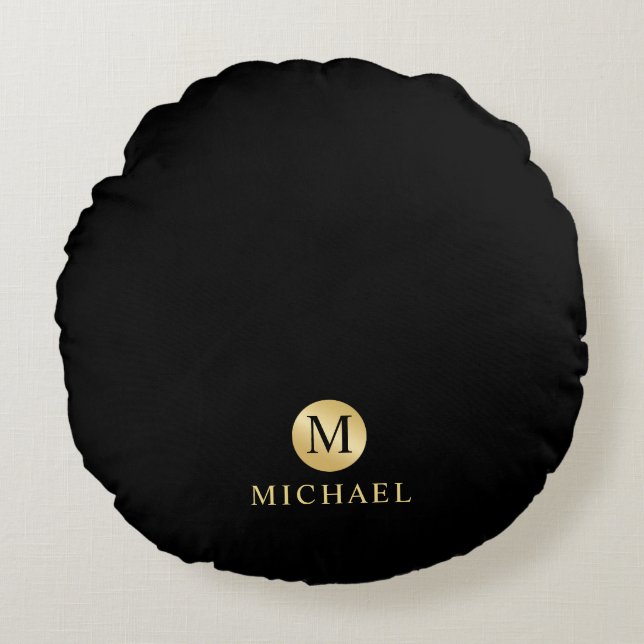 Luxury Black en Gold-gepersonaliseerd monogram Rond Kussen (Voorkant)