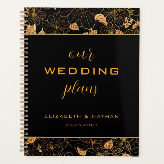 Luxury Black en Golden Floral Pattern Wedding Planner (Voorkant)
