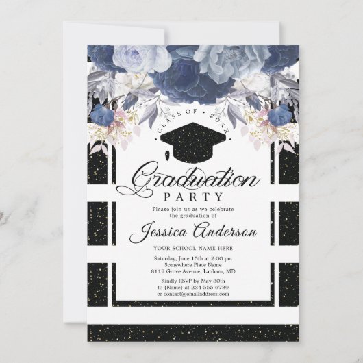 Luxury Black Gold Glitter Floral Afstuderen Kaart (Voorkant)