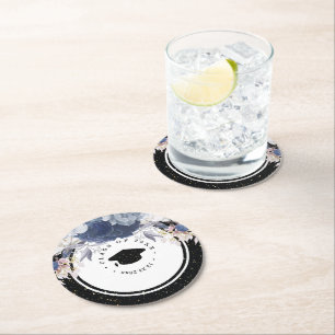 Luxury Black Gold Glitter Floral Afstuderen Ronde Kartonnen Onderzetter