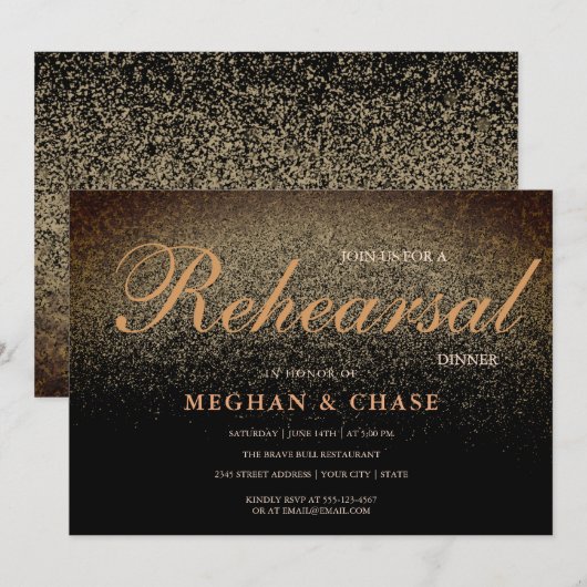 Luxury Black Gold Glitter Rehearsal Dinner Kaart (Voorkant / Achterkant)