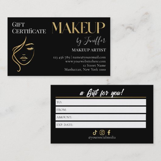 Luxury Black & Gold Makeup Gift Certificate Card Klantenkaartje (Voorkant / Achterkant)