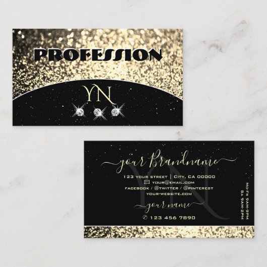 Luxury Black Gold Sparking Glitter met Monogram Visitekaartje (Voorkant / Achterkant)