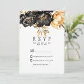 Luxury black ivory gold peony floral RSVP Kaart (Staand voorkant)