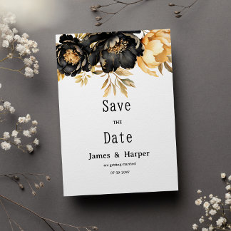 Luxury black ivory gold peony floral Save the Date Kaart