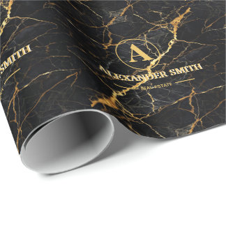 Luxury Black Marble Gold Monogram Business Brand Cadeaupapier