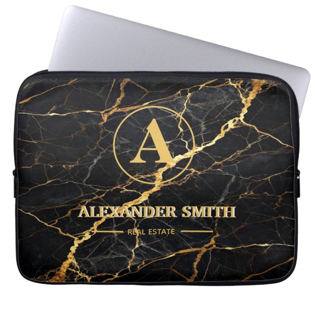 Luxury Black Marble Gold Monogram Business Brand Laptop Sleeve (Voorkant)