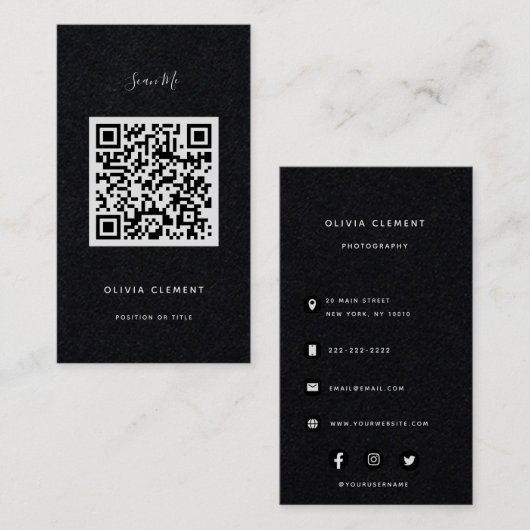 Luxury Black Modern QR Code Visitekaartje (Voorkant / Achterkant)