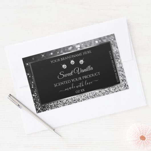 Luxury Black Silver Glitter Diamonds Productlabel Rechthoekige Sticker (Envelop)