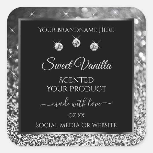 Luxury Black Silver Glitter Diamonds Productlabel Vierkante Sticker (Voorkant)