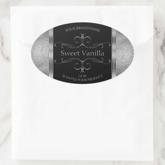 Luxury Black Silver Glitter productlabels Ovale Sticker (Tas)